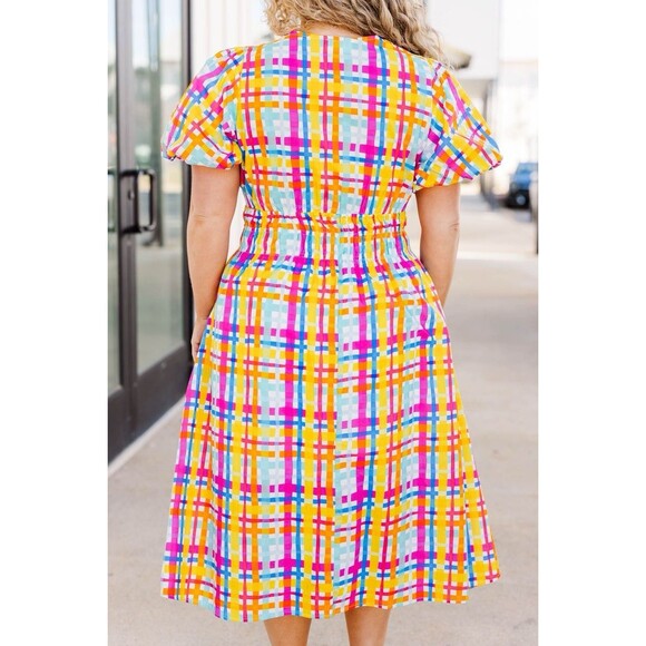 Plaid Midi Dress Colorful Stretch Smocked Waist Pink Yellow Blue NWT Sz 3X - Picture 7 of 16